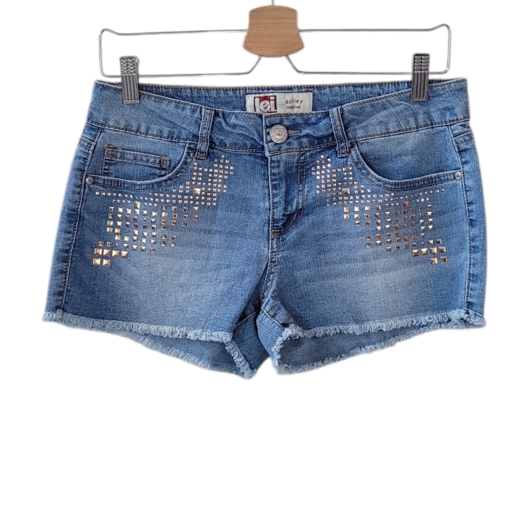 L.E.I.  Ashley Low Rise Blue Gold Studded Frayed Hem Denim Shorts Size 9 2014